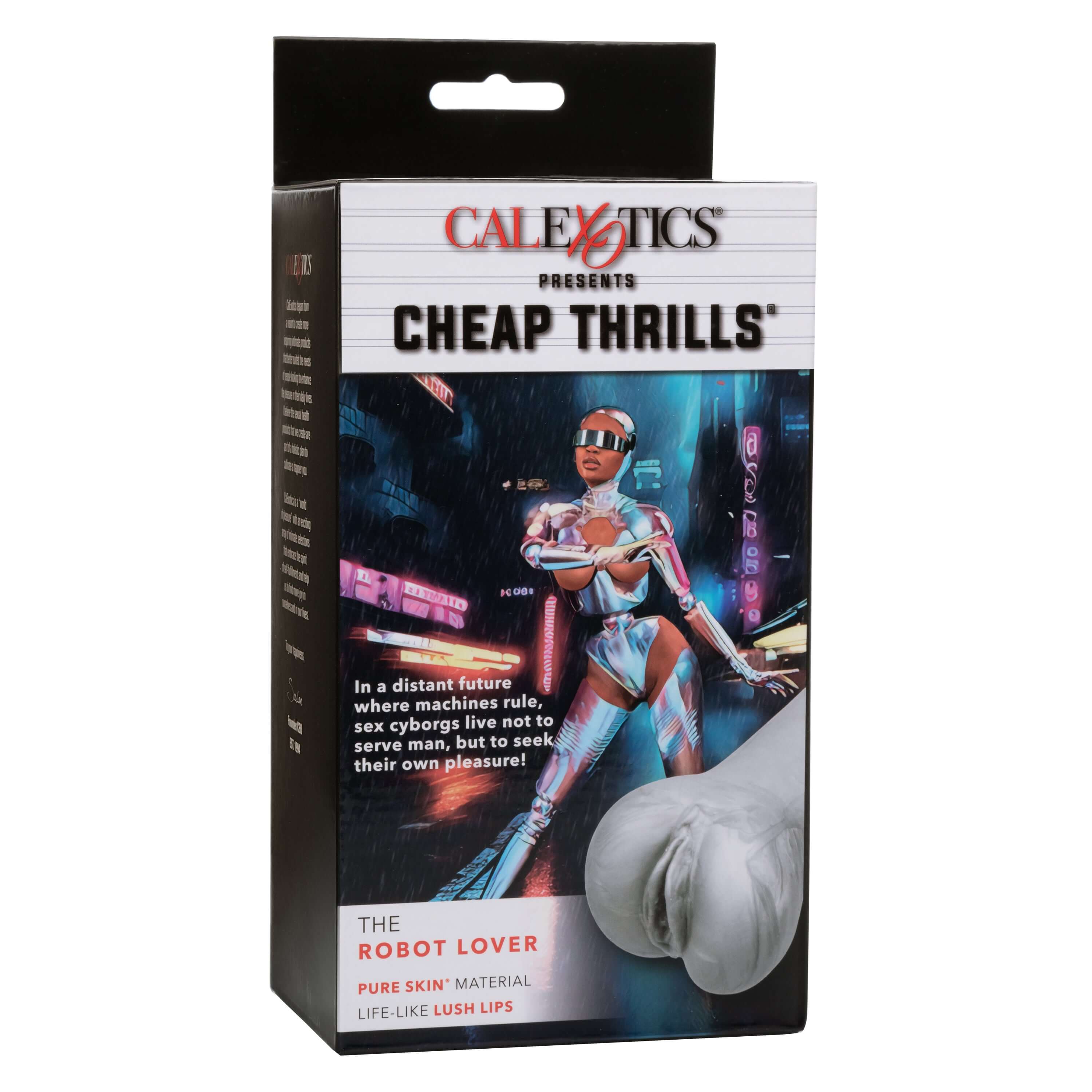 Product packaging for Cheap Thrills The Robot Lover, featuring lifelike Pure Skin material and a futuristic design.
