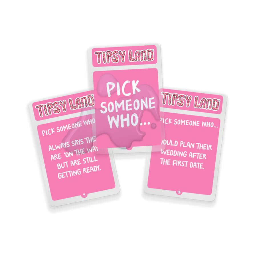 Tipsy Land Board Drinking Game cards featuring prompts for players to engage in fun challenges during the game.