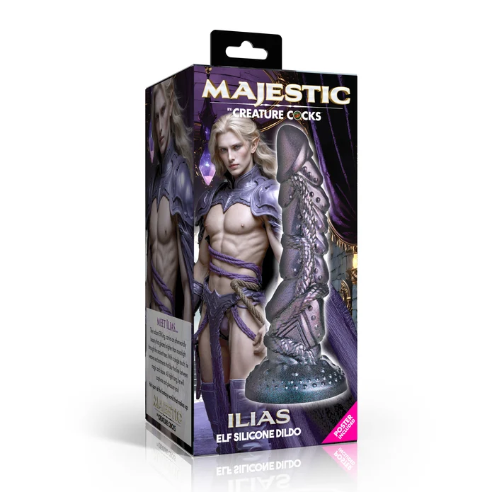 Creature Cocks Ilias Elf Silicone Dildo packaging featuring a striking elf figure and detailed design.