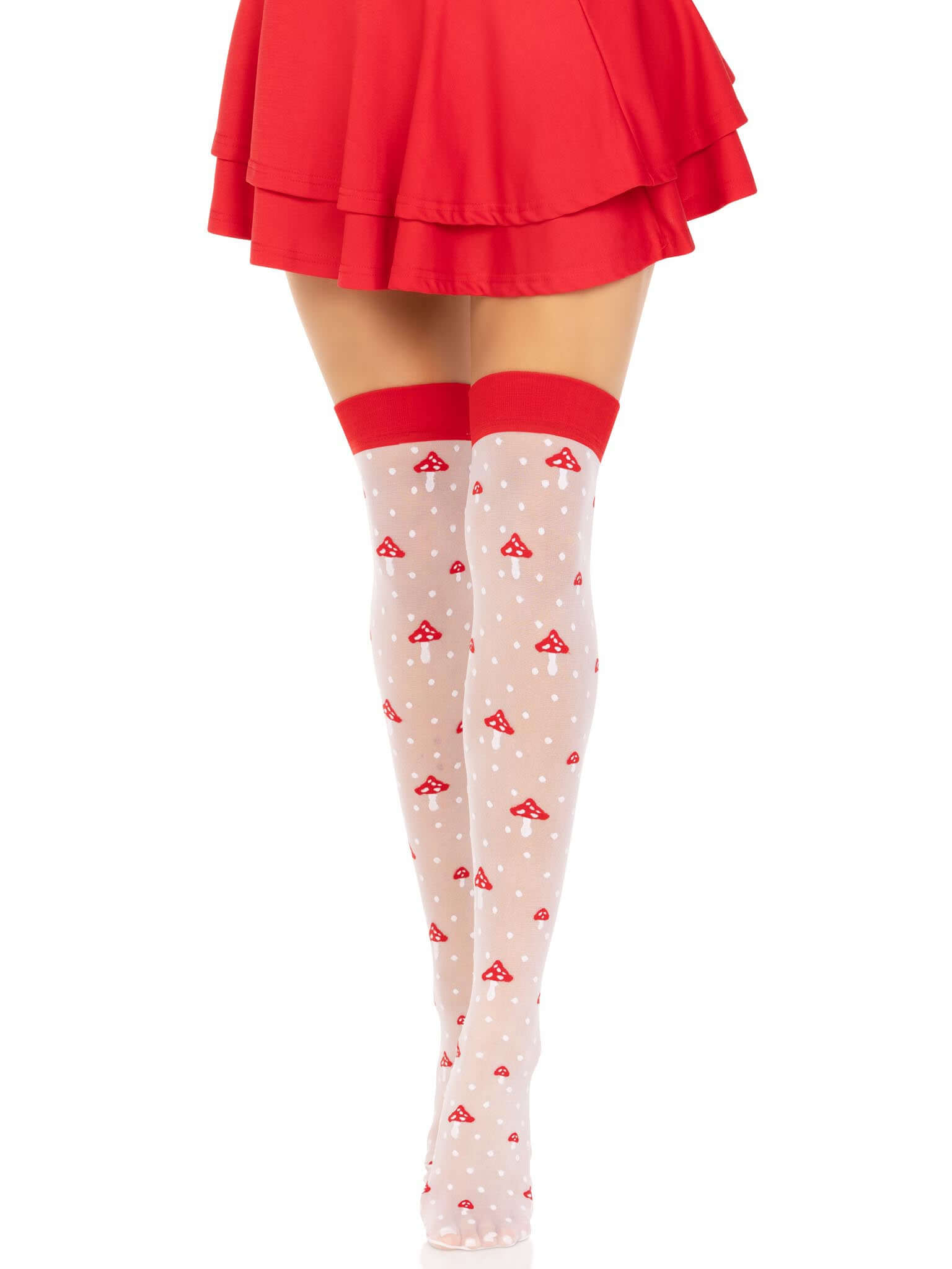 White thigh high stockings with red polka dot mushroom print and red top band, worn with a red skirt.