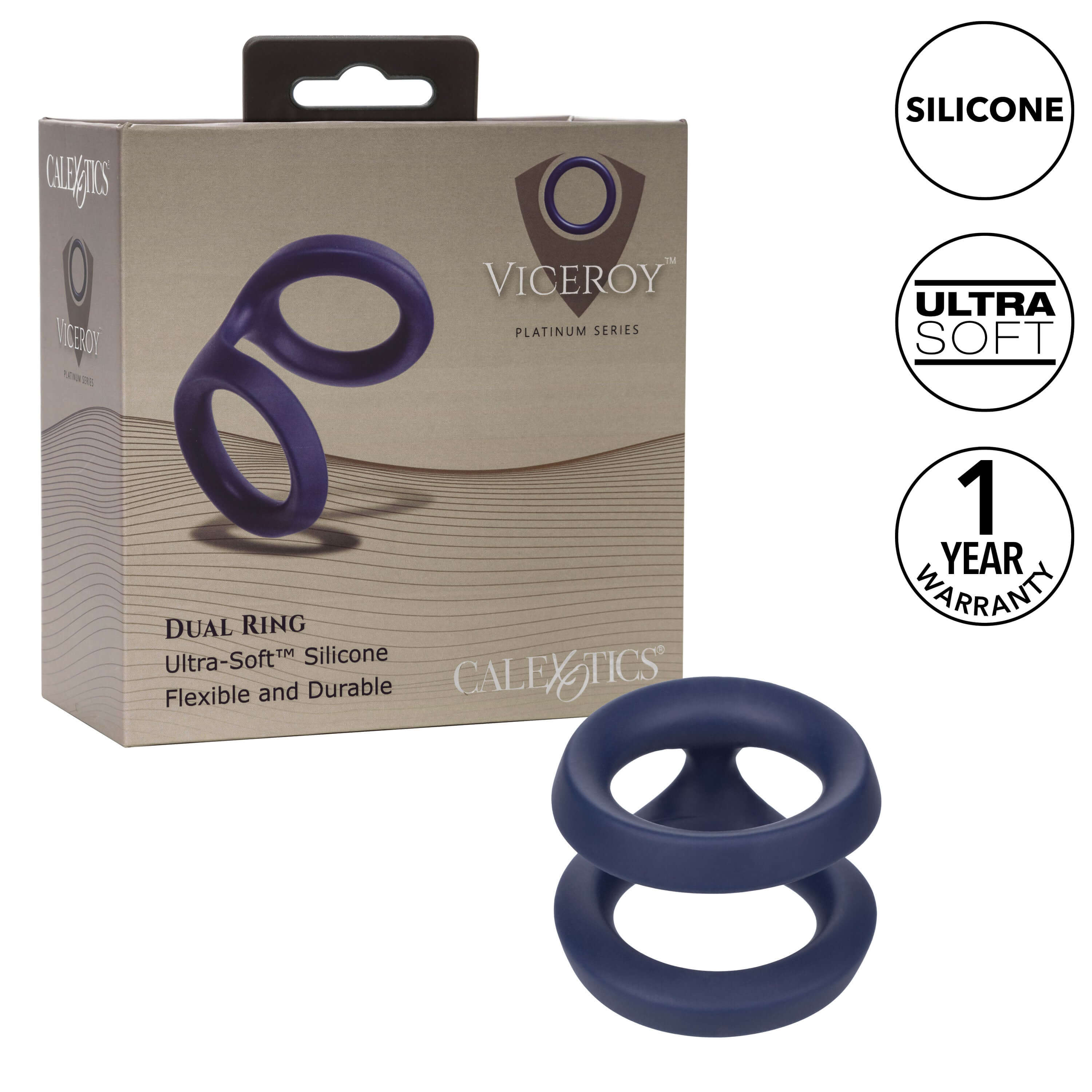 Viceroy Dual Silicone Ring in packaging, ultra-soft silicone design, flexible and durable, with 1 year warranty.