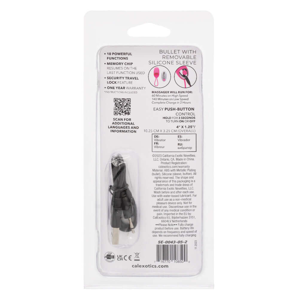 Packaging of Turbo Buzz Bullet with Removable Silicone Sleeve in Pink showing 10 functions, memory chip, and easy push-button control