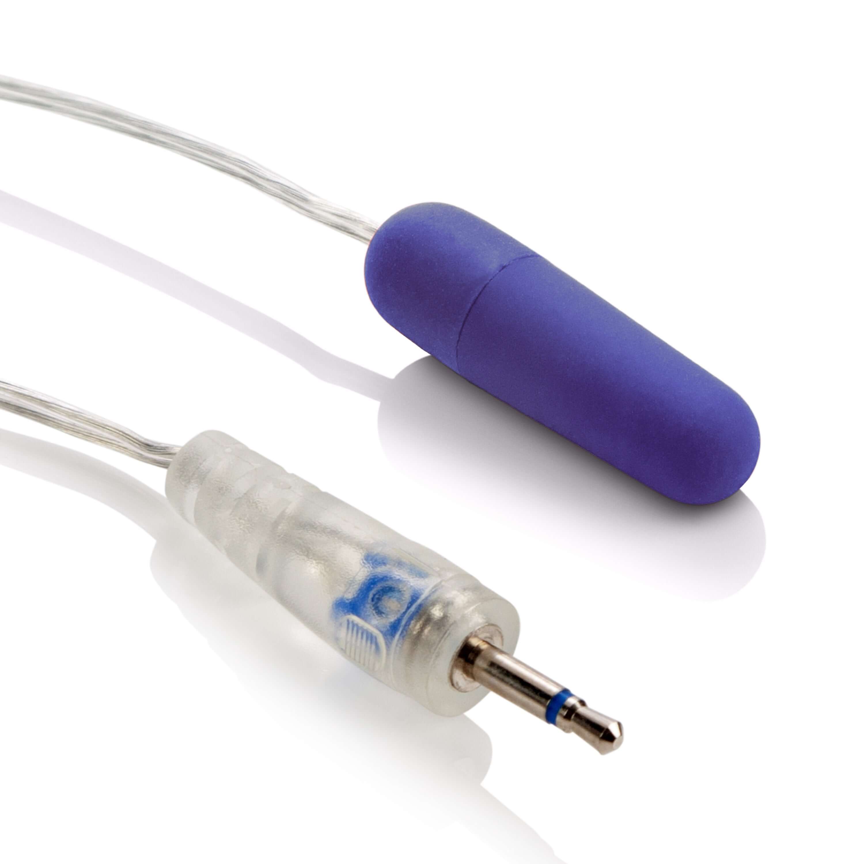 Whisper Micro Bullet Vibrator Purple with clear connector cable, showcasing sleek design for discreet stimulation.