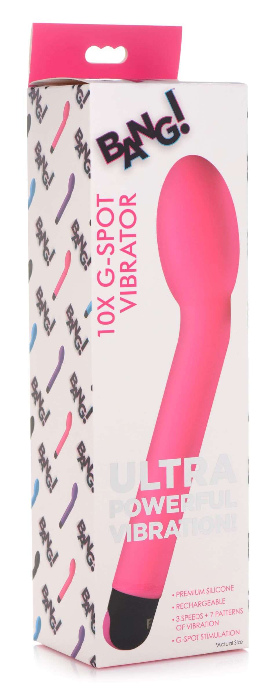 Bang 10X Rechargeable Silicone G-Spot Vibrator Pink packaging showcasing its ergonomic design and powerful vibration capabilities.