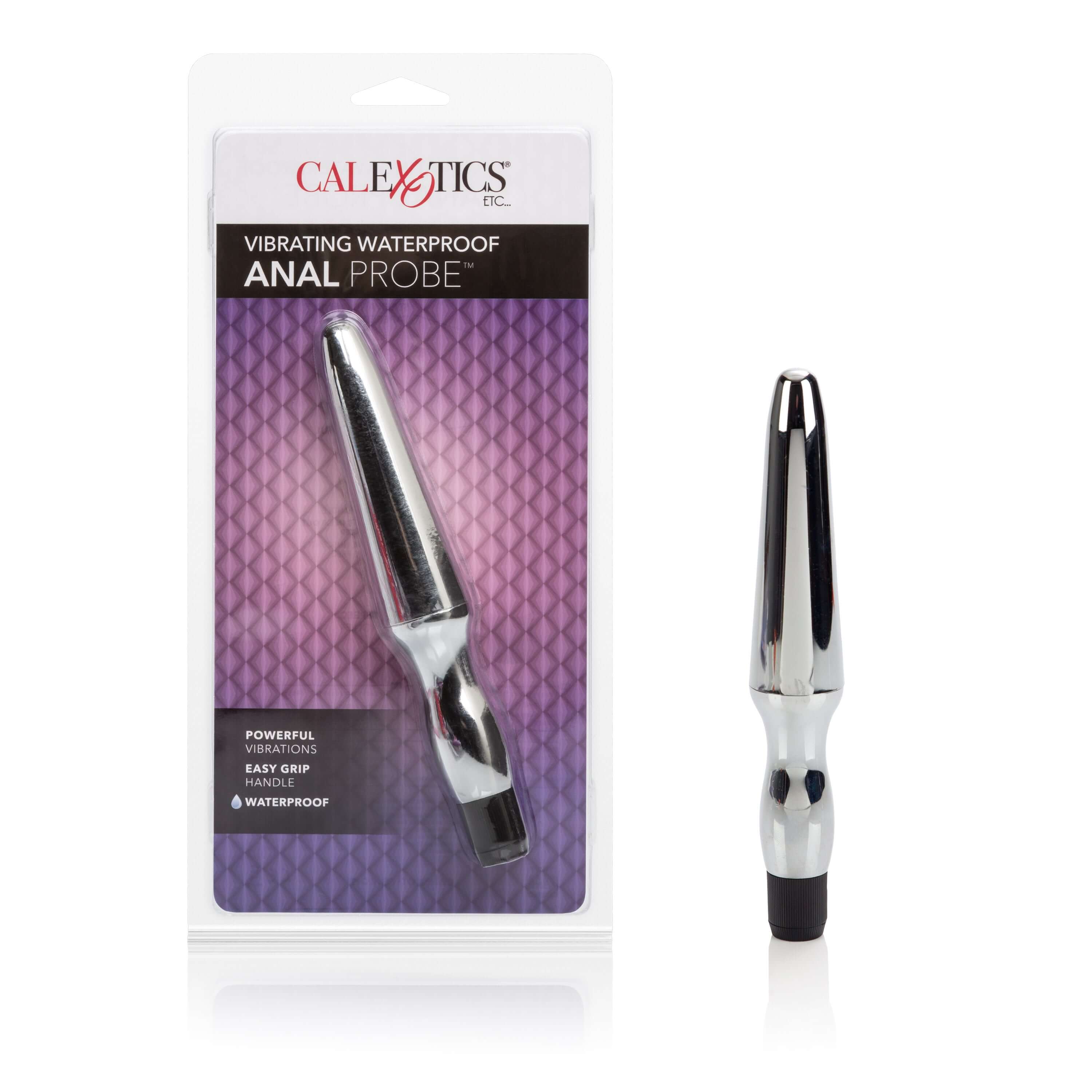 Fujikos Waterproof Anal Probe Silver in packaging, waterproof anal stimulation tool with a sleek design.