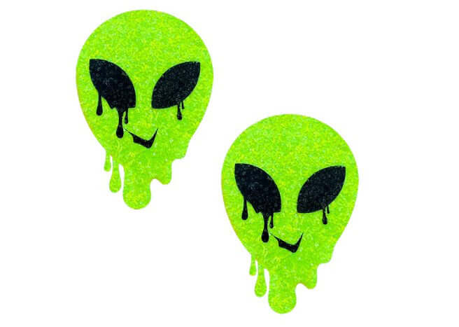 Lemon Lime Blacklight Glitter Melty Alien Nipple Cover Pasties in vibrant green with black details and dripping effect.