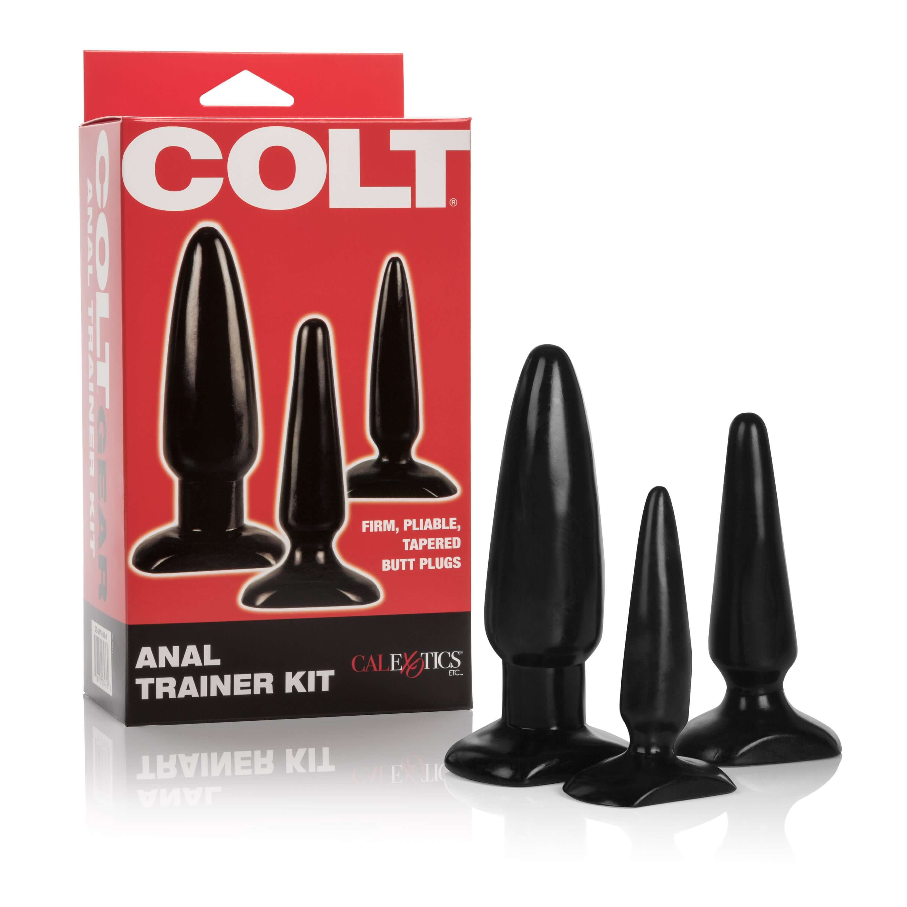 Colt Anal Trainer Kit Black featuring three graduated anal plugs, designed for comfort and confidence in anal play.