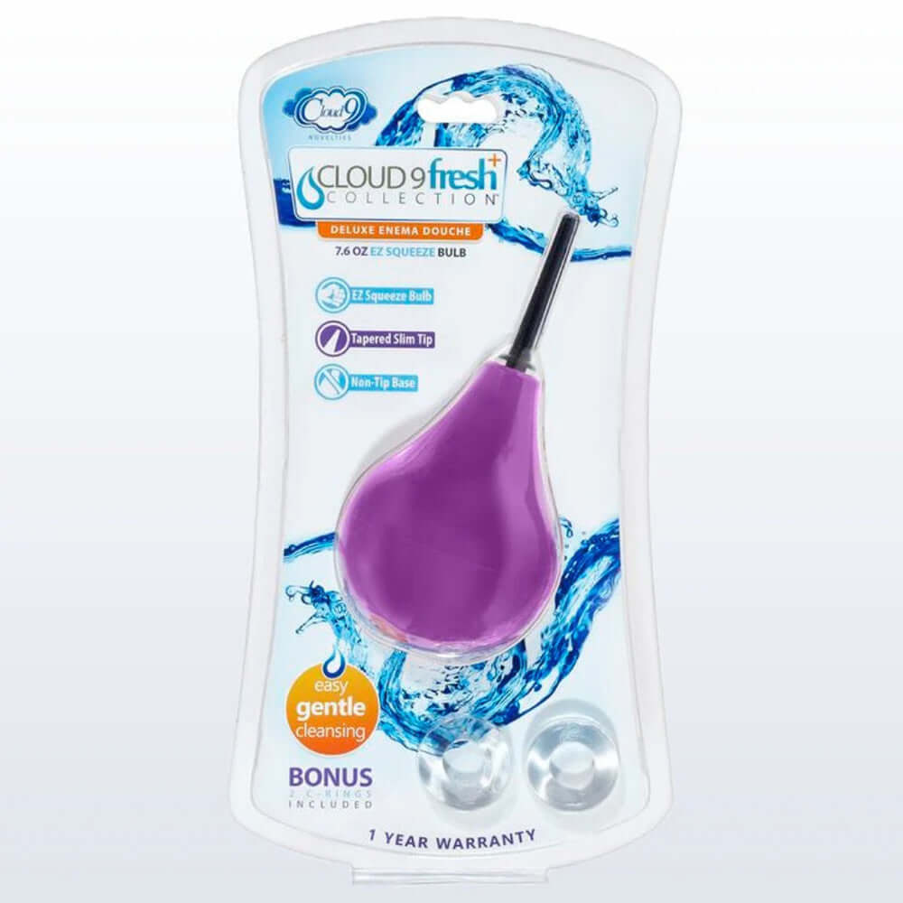 Fresh & Deluxe Anal Soft Tip Enema Douche 7.6 Oz with soft tip and squeezable bulb for gentle cleansing.