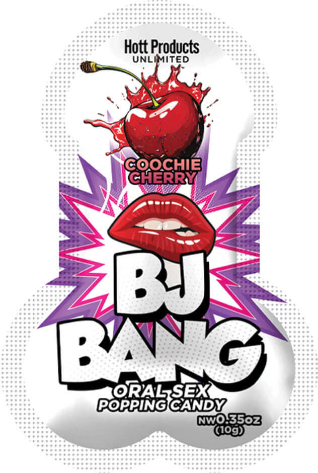 Bj Bang Oral Sex Popping Candy Cherry packaging with cherry graphic and fun design for flavored oral pleasure.