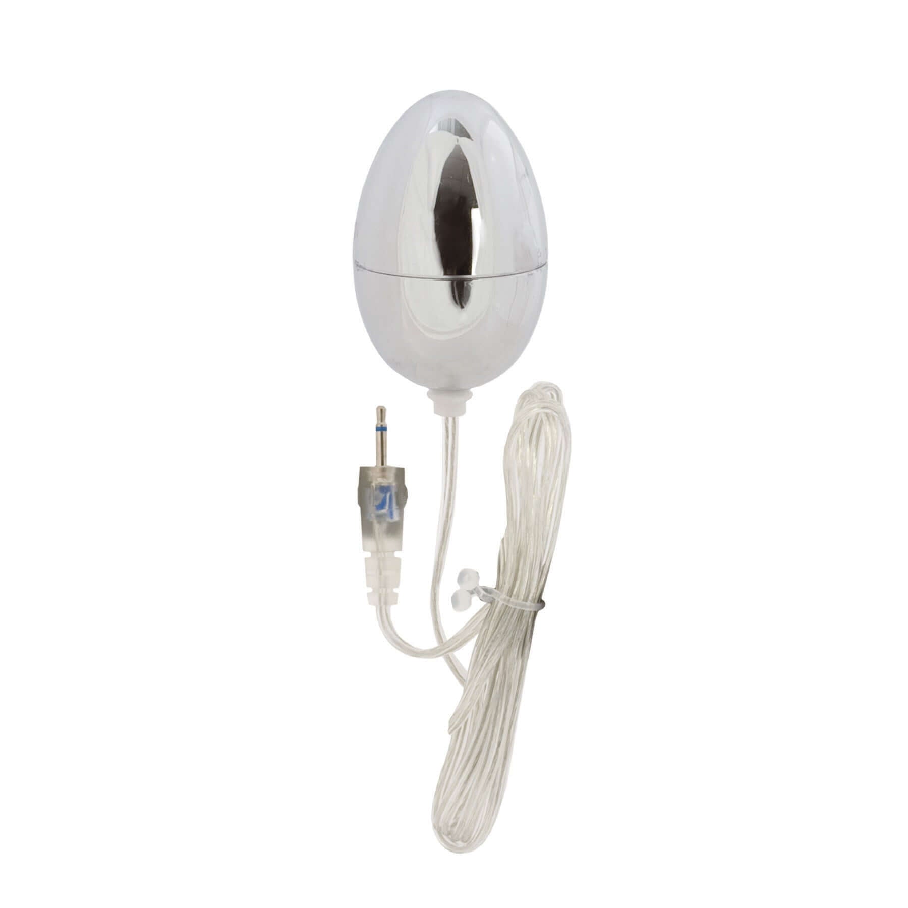 Sterling Collection Silver Egg Vibrator shown from the side with a plug and connecting wire.