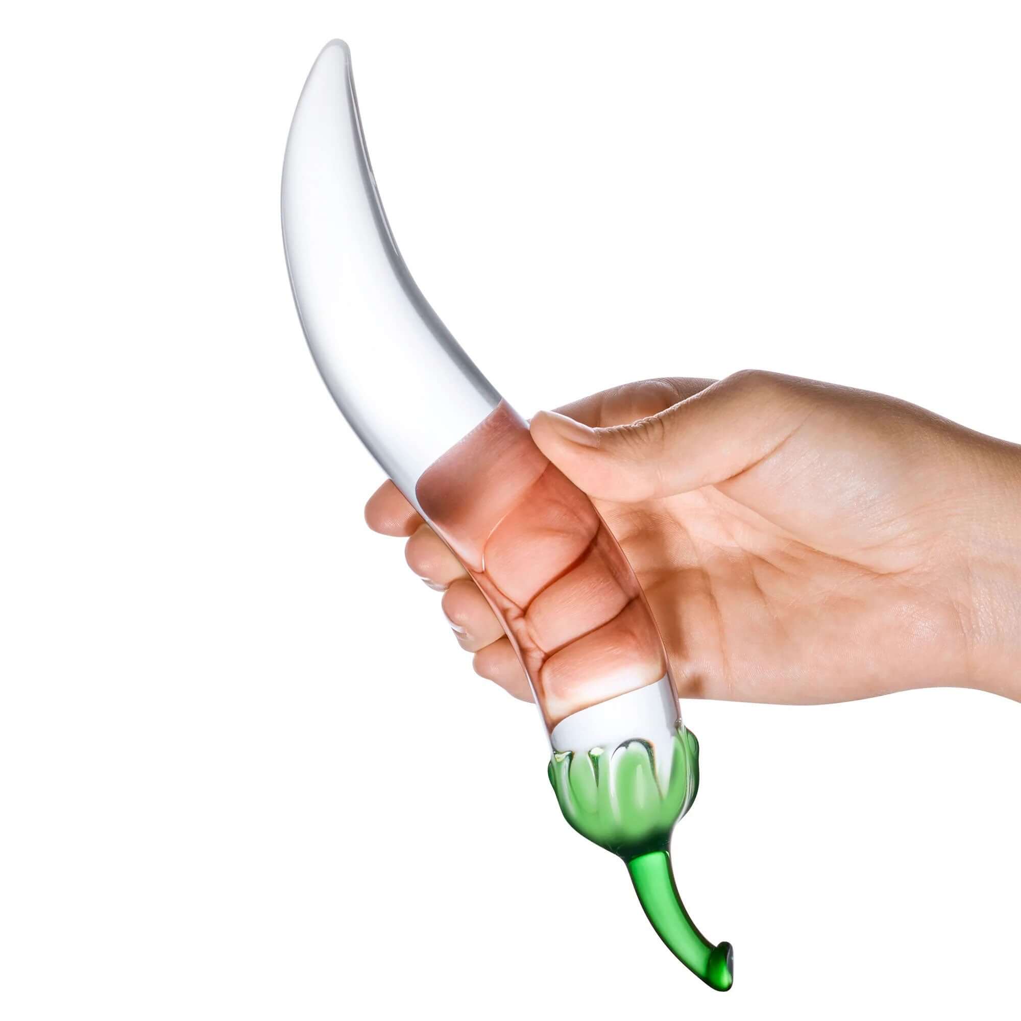 Hand holding Glass Naturals Chili Pepper Dildo with curvaceous silhouette and green stem for discreet and stimulating pleasure