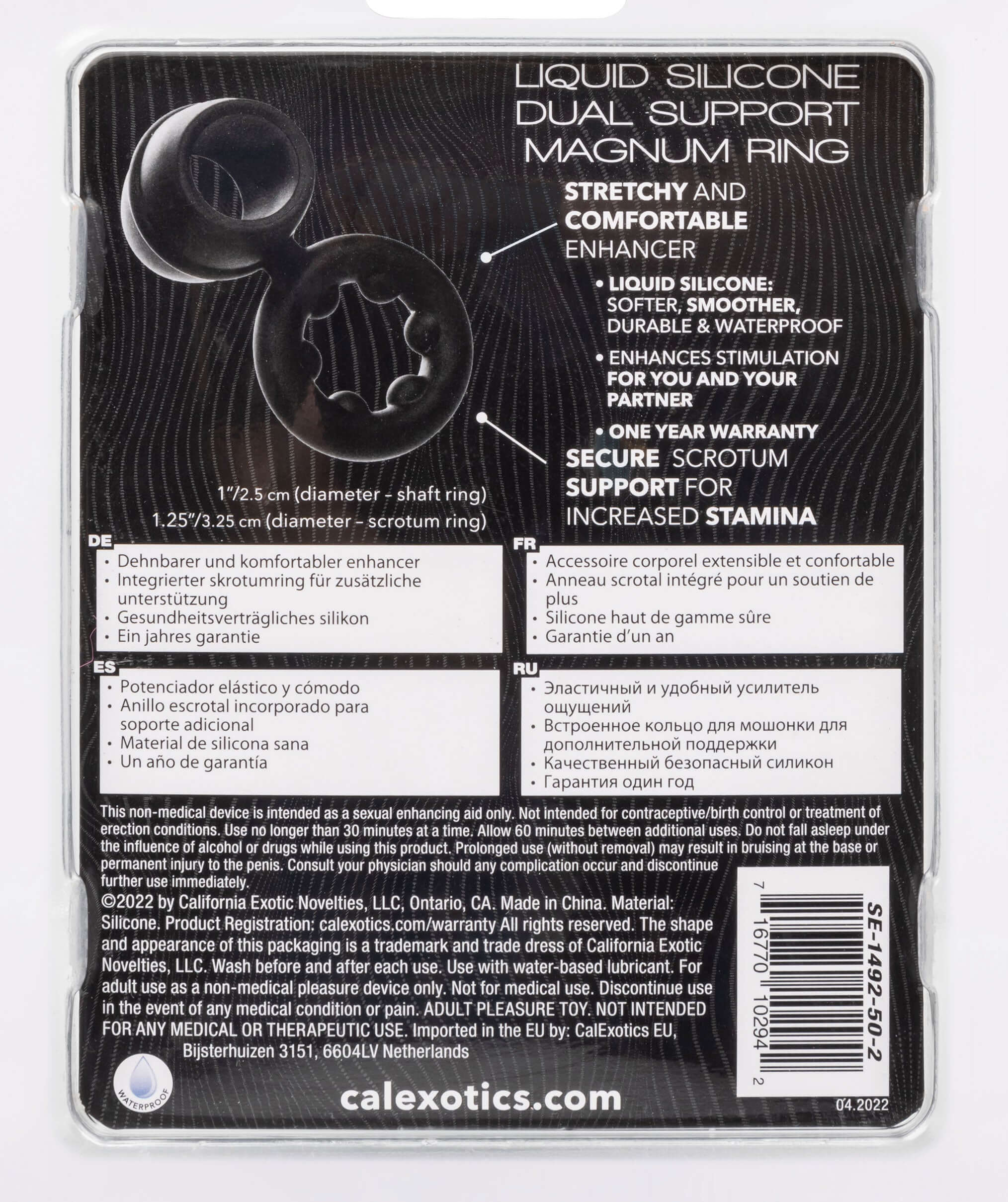 Back packaging of Alpha Liquid Silicone Dual Support Magnum Ring Black showing details and features.