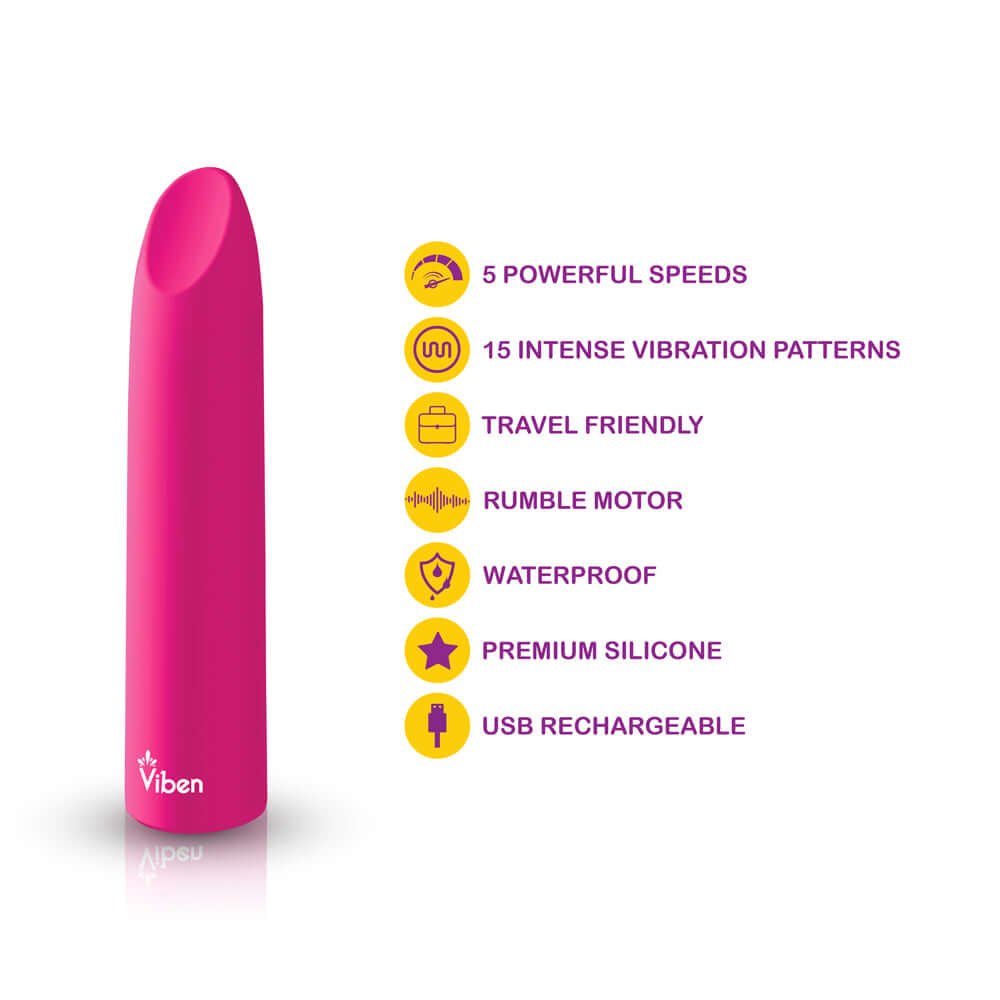 Viben Fixation hot pink lipstick vibe showcasing 5 speeds, 15 patterns, waterproof design, and USB recharge.