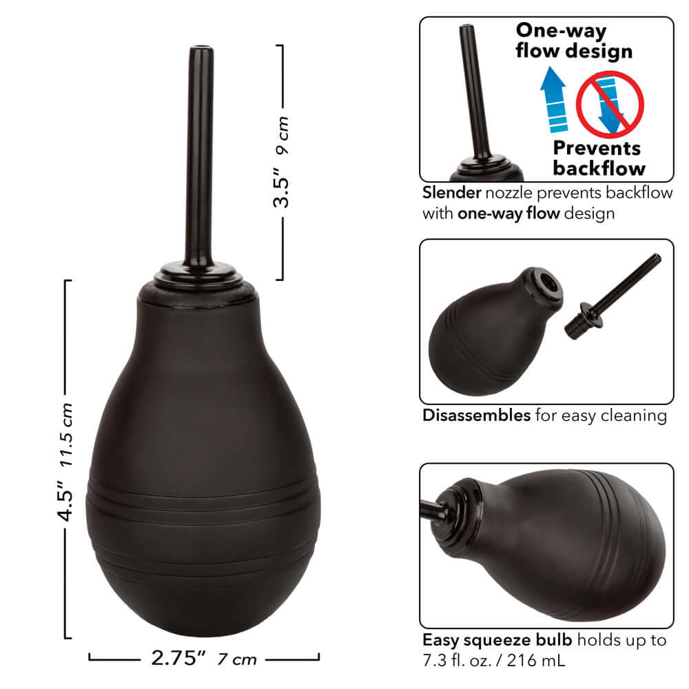 One Way Anal Douche Black with slender nozzle and easy squeeze bulb for comfortable cleansing.