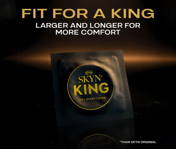 Skyn King Ultra Thin and Extra Glide Condoms 10 Pack packaging showcasing comfort and size features.