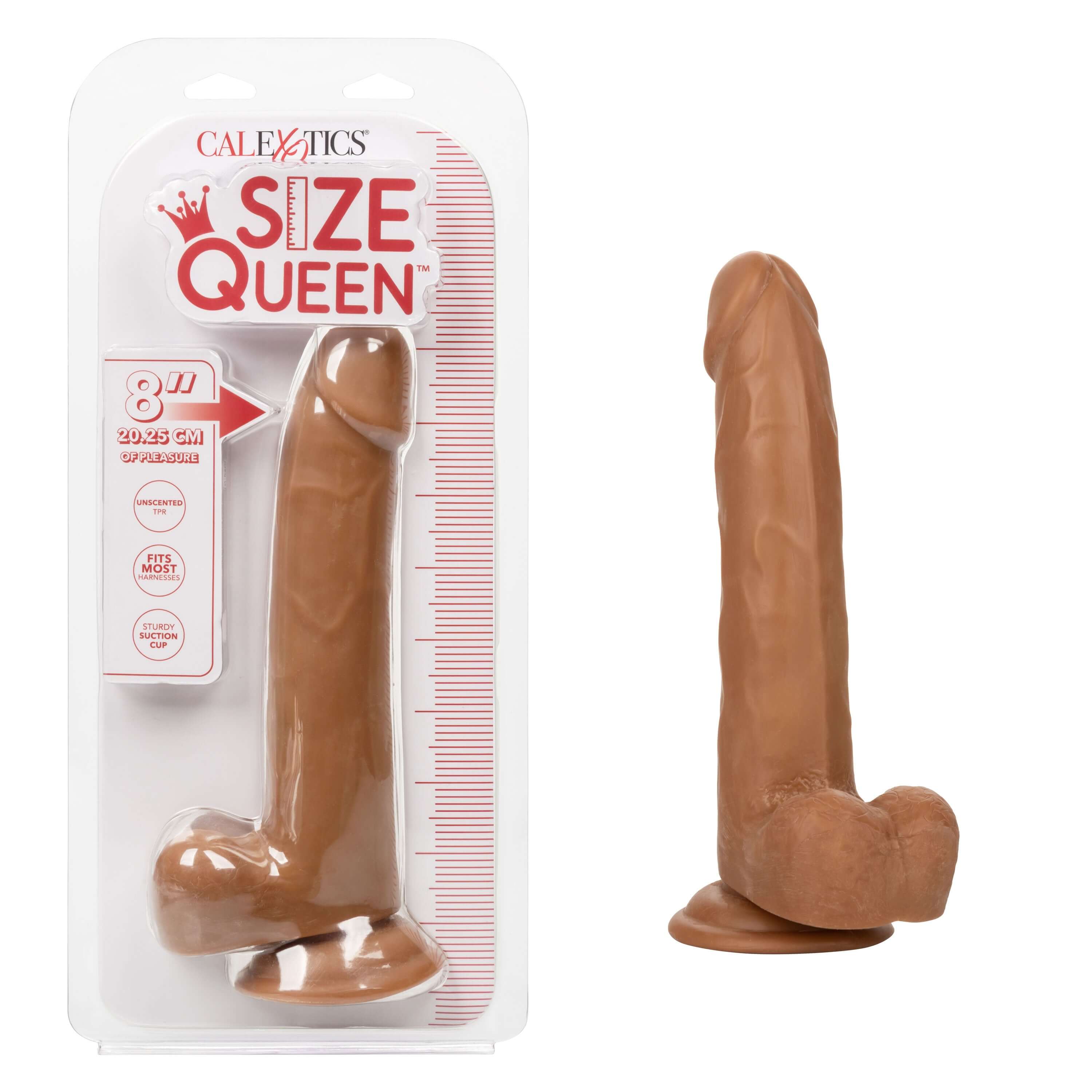 Size Queen Dildo 8 inches Brown in packaging, featuring realistic shape and bold design for an enhanced experience.