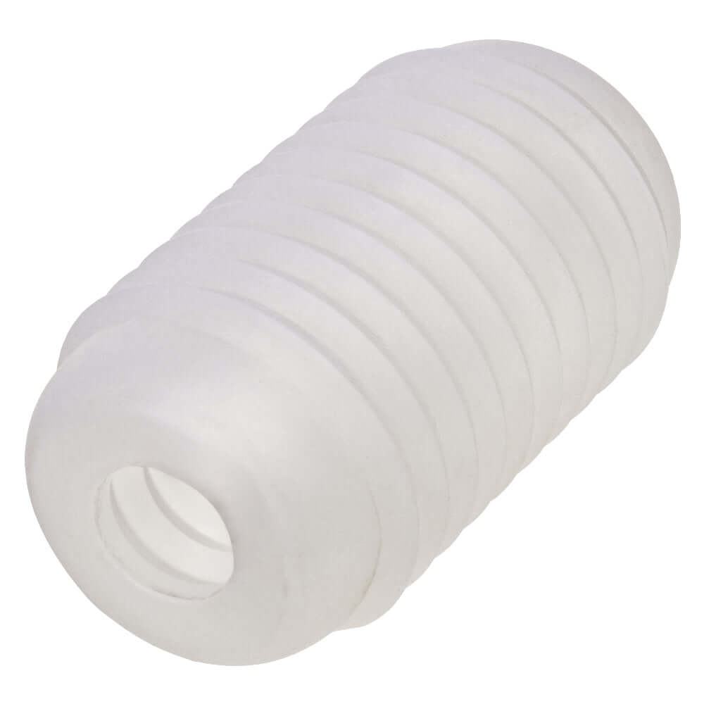 Clear ribbed Pop Sock masturbation sleeve with textured interior for versatile pleasure and a snug fit.