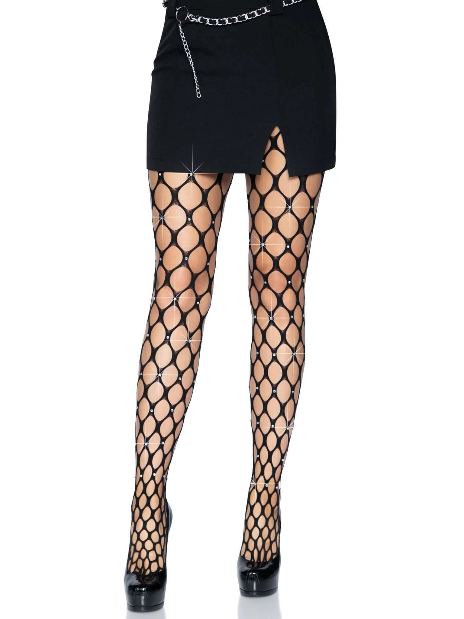 Rhinestone Pothole Net Tights - One Size - Black-2