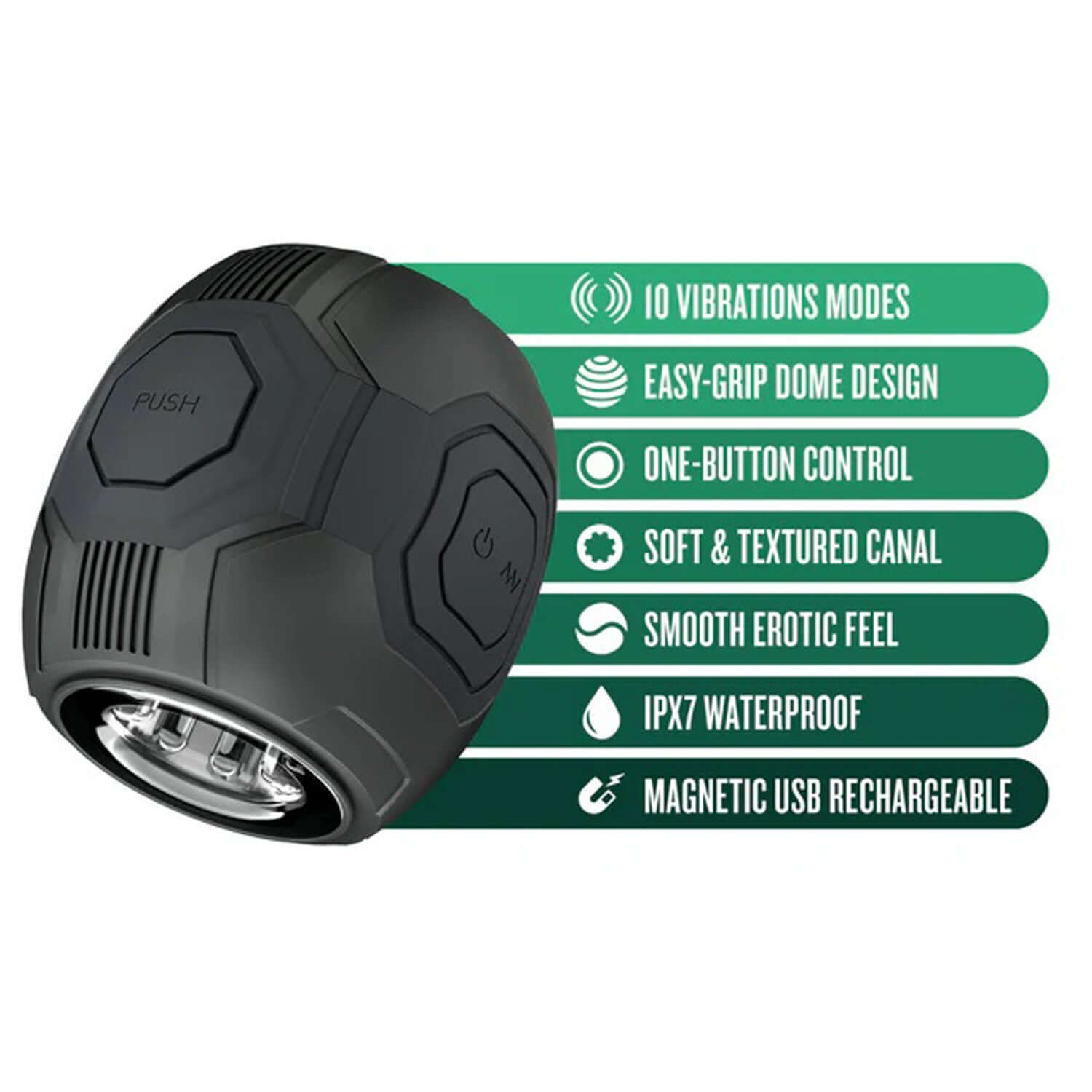 Dome X Vibrating Masturbator with 10 vibration modes, easy-grip design, one-button control, soft canal, IPX7 waterproof, and USB rechargeability