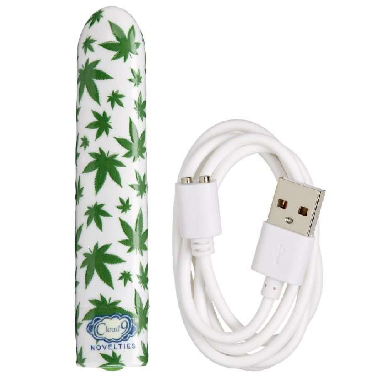 420 Slim Cannabis Leaf Vibe with USB Cord - White/Green Rechargeable Bullet Vibrator from Cloud 9 Novelties