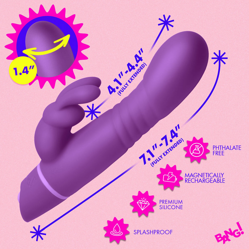 Bang Thrusting Silicone Rabbit Vibrator Purple features a flexible design, premium silicone, and magentically rechargeable capability.