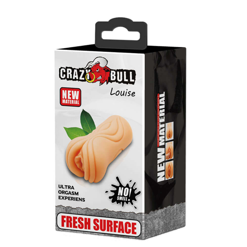 Crazy Bull Pocket Masturbator Louise packaging showcasing new material and ultra orgasm experiences.