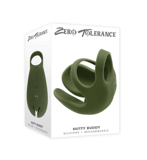 Zero Tolerance Nutty Buddy rechargeable silicone dual cock ring in green, designed for enhanced pleasure and comfort.