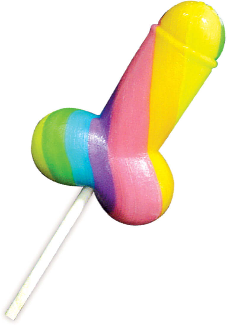 Display Rainbow Cock-Pop 12 Pieces novelty lollipop in vibrant rainbow colors, shaped like adult novelty for parties.
