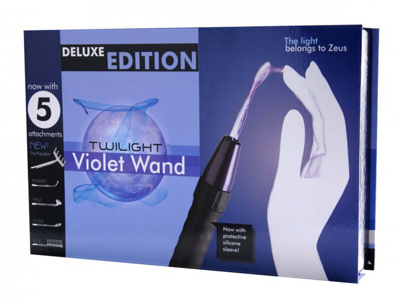 Zeus Deluxe Edition Twilight Violet Wand Kit packaging showcasing 5 attachments and sleek design.