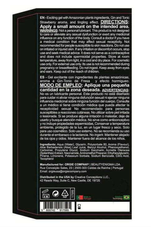 Back label of Orgie Dual Vibe Gin & Tonic Strawberry Kissable Liquid Vibrator 15 ml, detailing directions and ingredients.