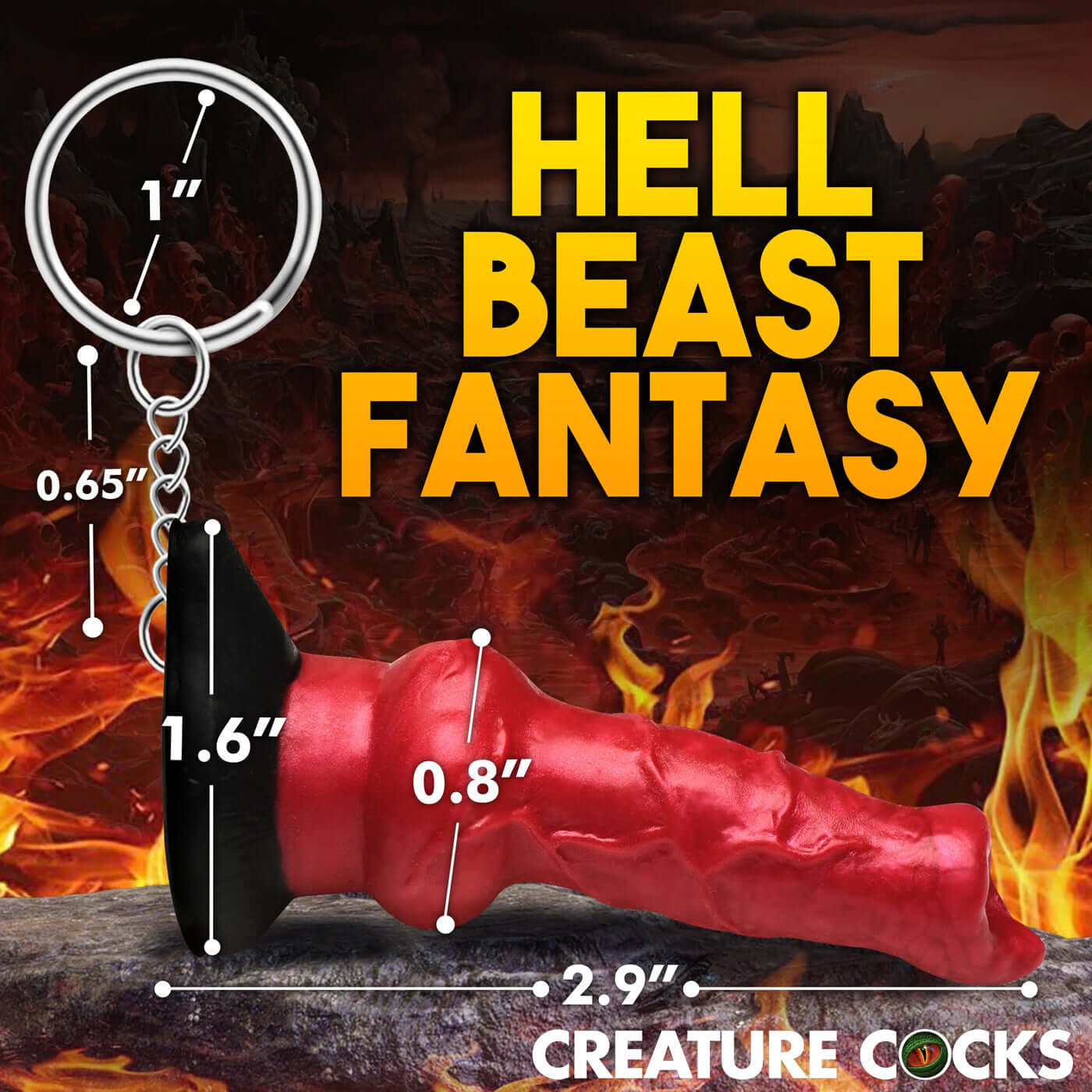 Red Hell Hound keychain with dimensions, featuring a fantasy beast design by Creature Cocks on a fiery background.