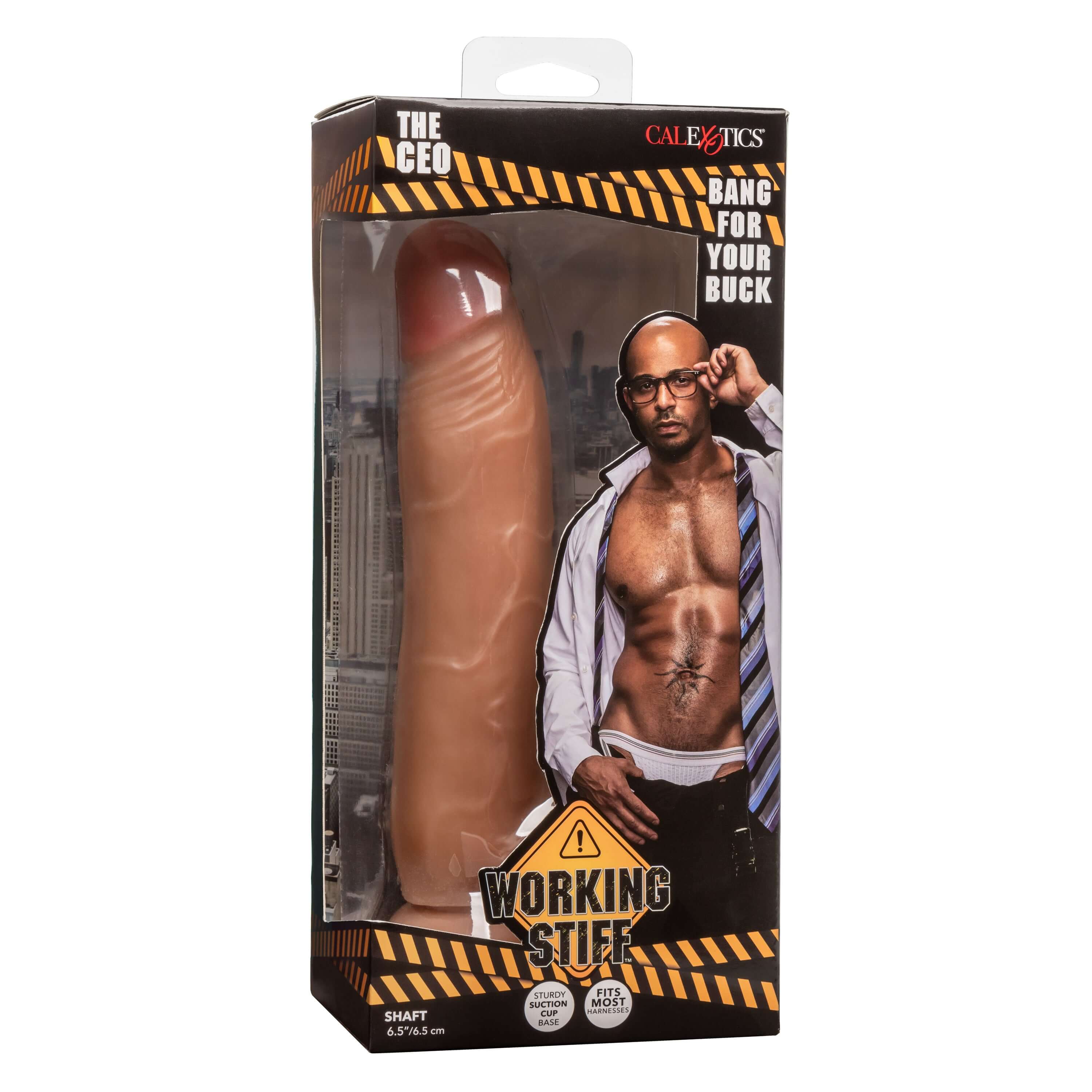 Working Stiff the Ceo Dildo Brown in packaging with a realistic design for versatile play.