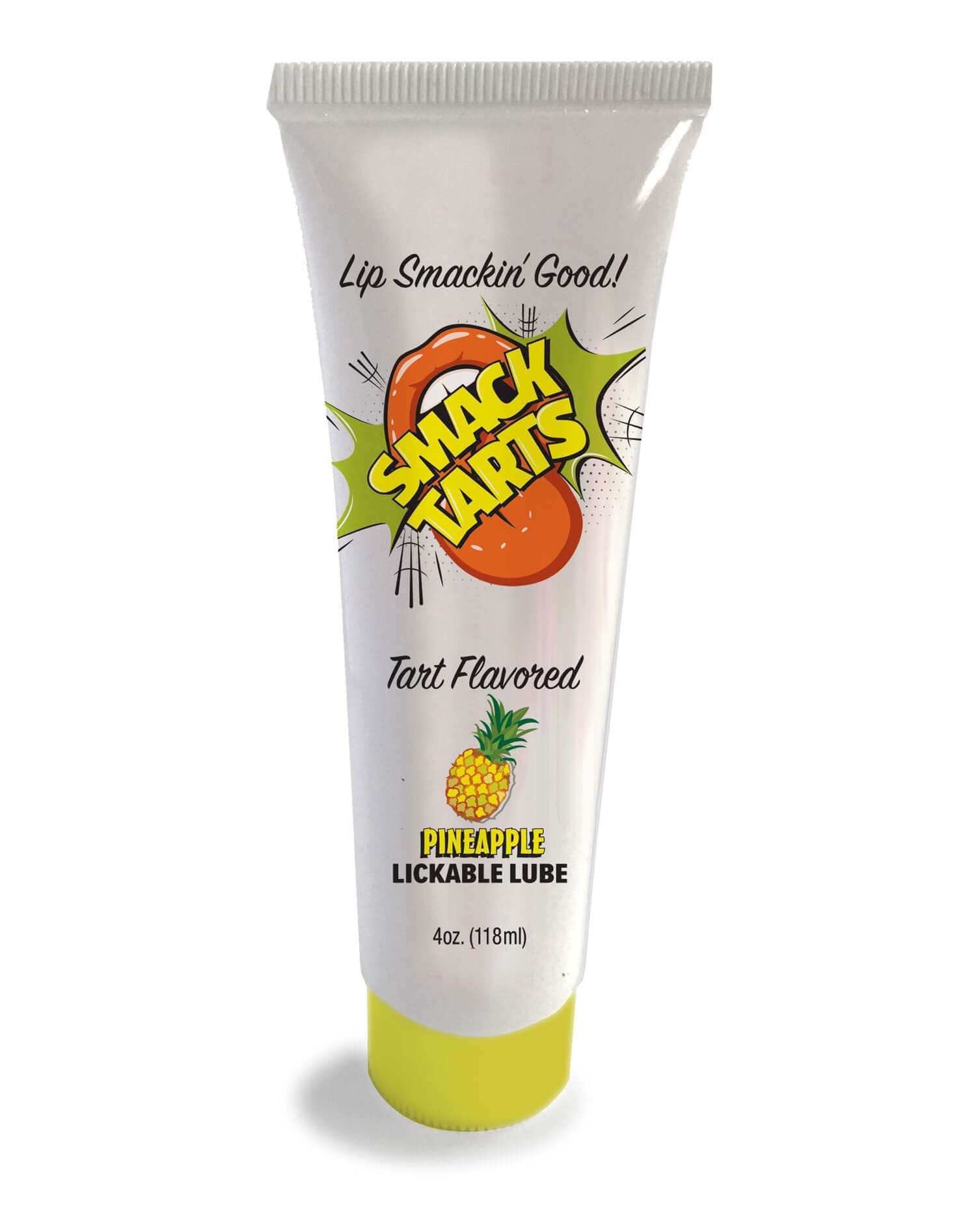 Smack Tarts Lickable Flavored Lubricant Pineapple 4 Oz tube packaging displaying tart flavored design and pineapple graphics.