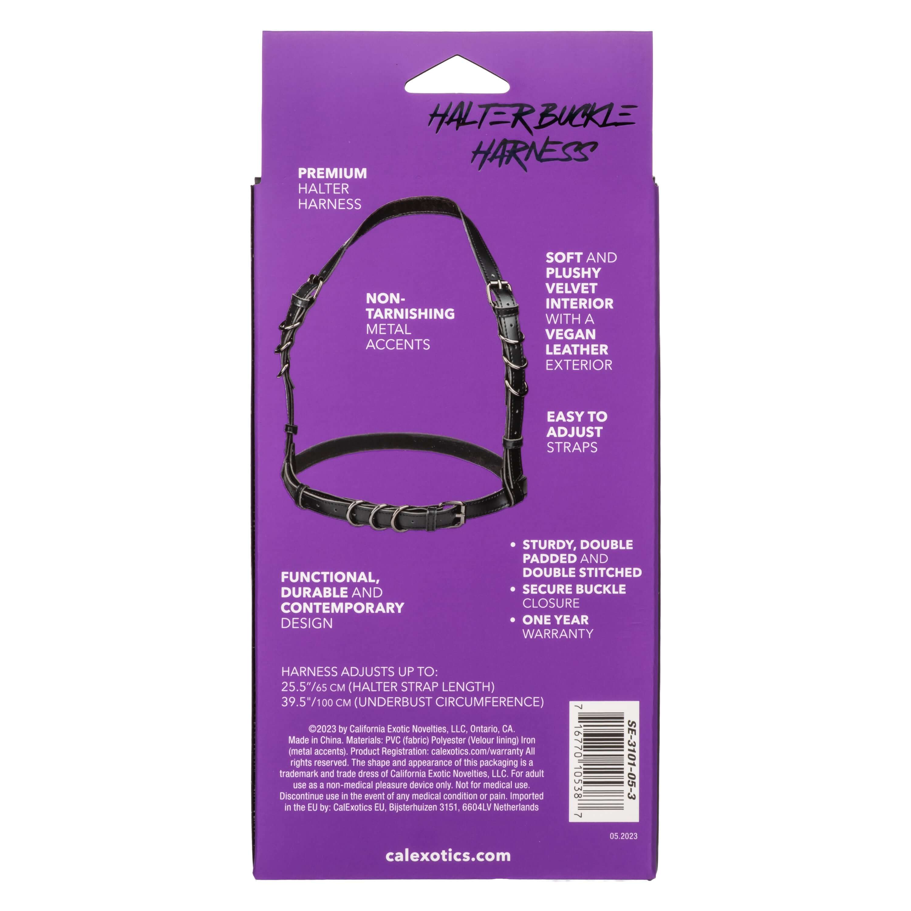 Euphoria Collection Halter Buckle Harness Black back packaging showcasing features, materials, and adjustable design.