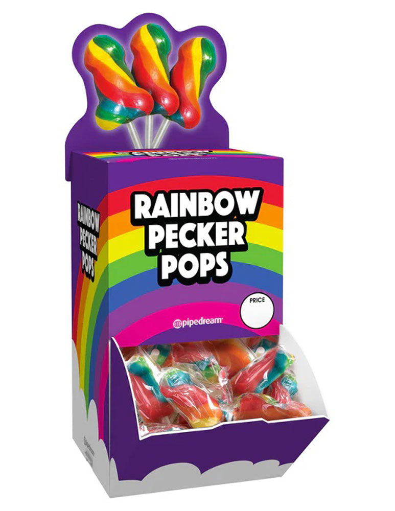 Rainbow Pecker Pops 72 Pc Display box featuring colorful lollipop assortment, perfect for parties and gifts.