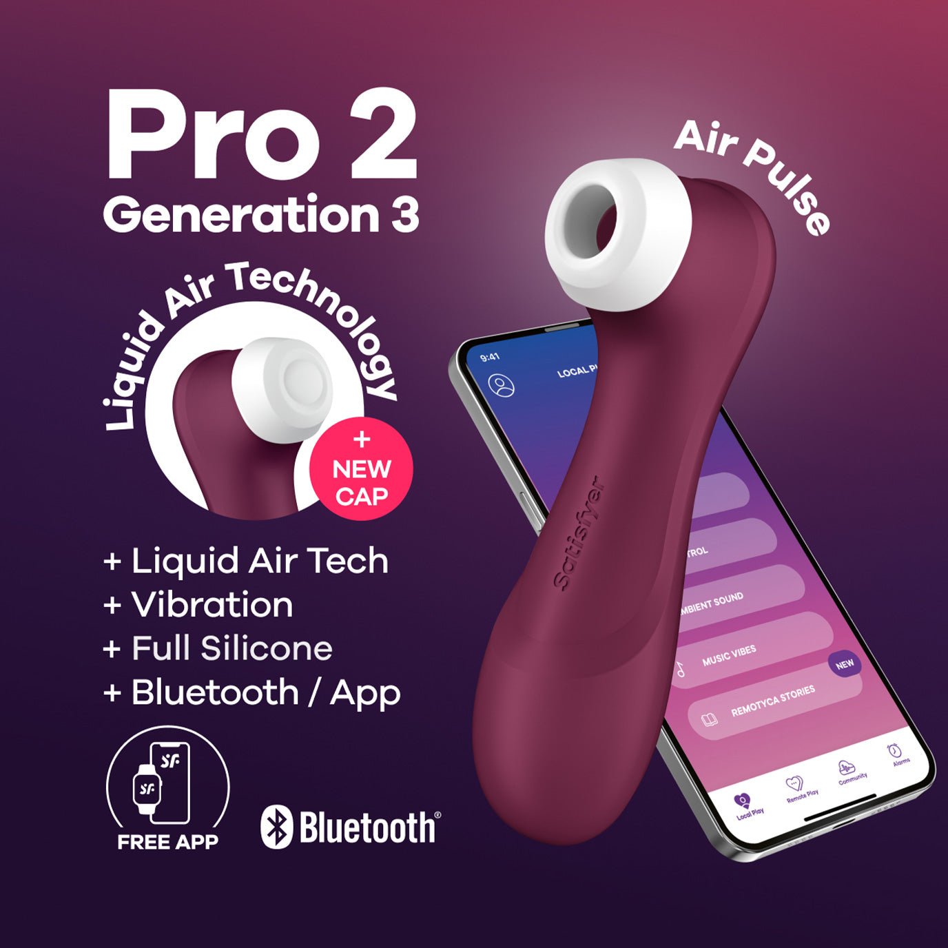 Satisfyer Pro 2 Generation Air Suction Wine Red with Liquid Air Technology and smart app connectivity.
