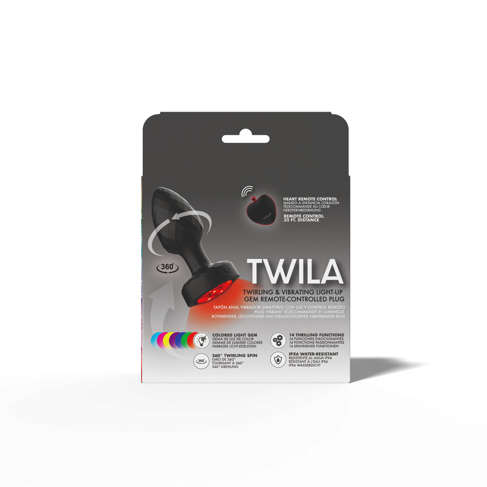 Twila Twirling Light Up Vibrating Plug With Heart Remote package showcasing the luxurious anal plug features.