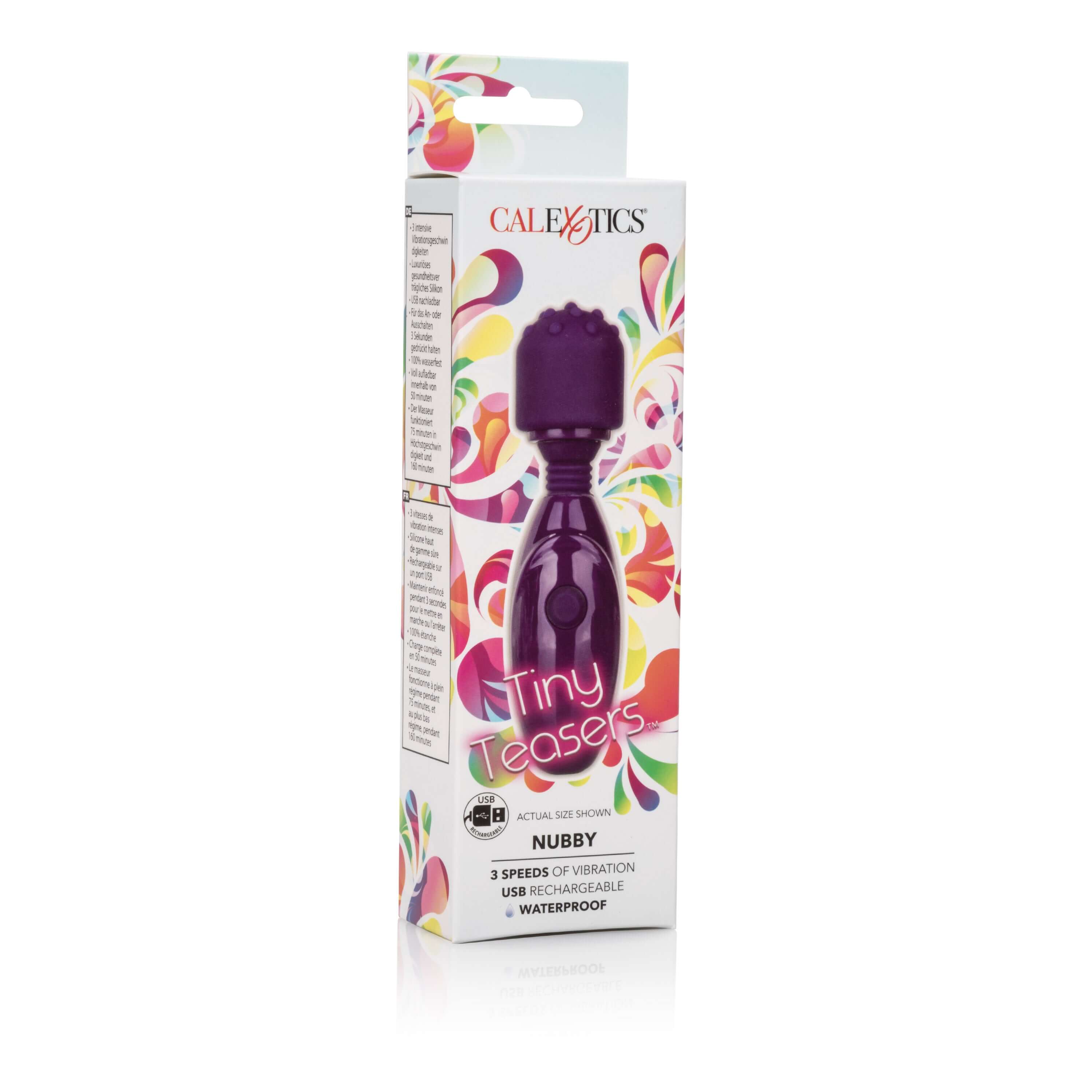 Tiny Teasers Nubby Massager Purple in packaging with colorful design and product features highlighted.