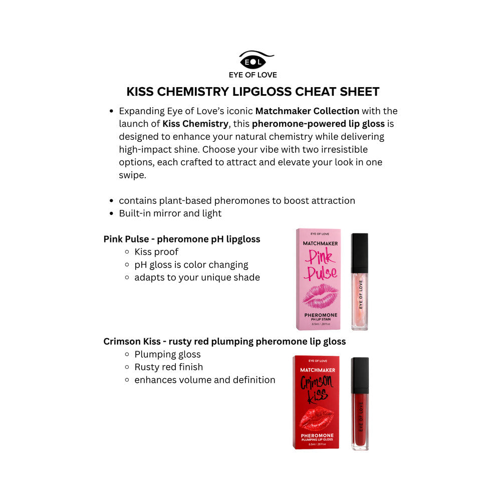 Eye Of Love Matchmaker Pheromone Ph Lip Stain Pink Pulse cheat sheet with product details and colors.