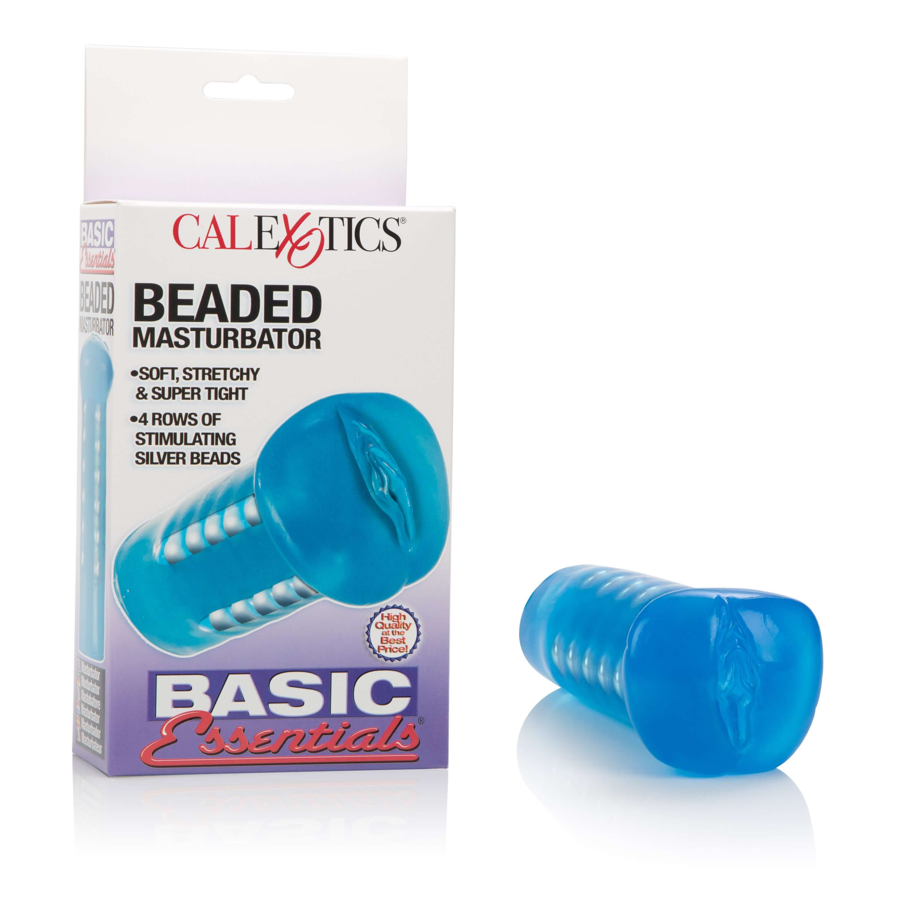 Beaded Masturbator Blue Basic Essentials packaging featuring soft, stretchy design with stimulating silver beads.