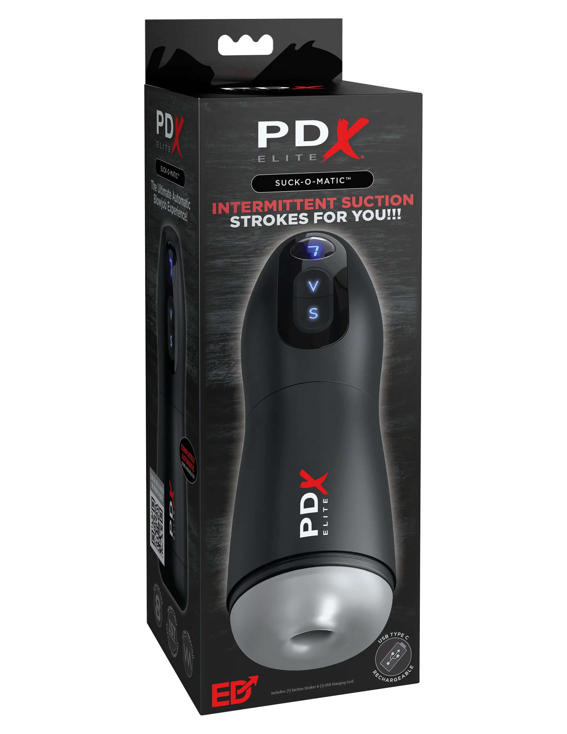 PDX ELITE SUCK-O-MATIC black male masturbator with powerful suction and vibration in its packaging