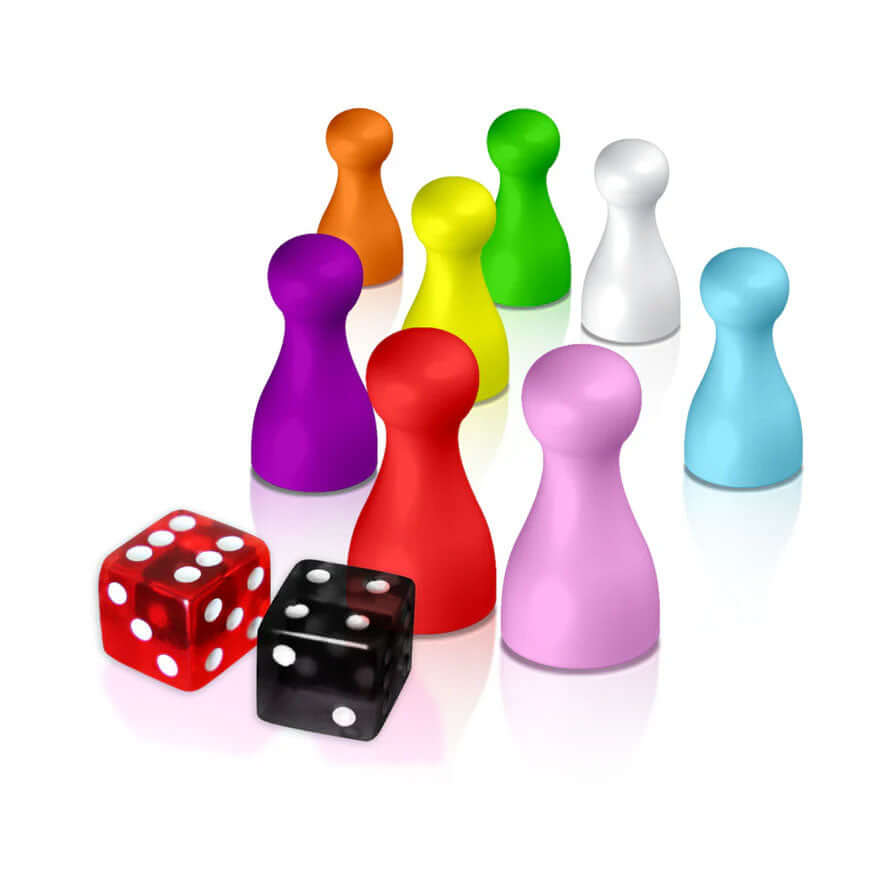 Colorful game pieces and dice for Kinky Land Board Adult Game.