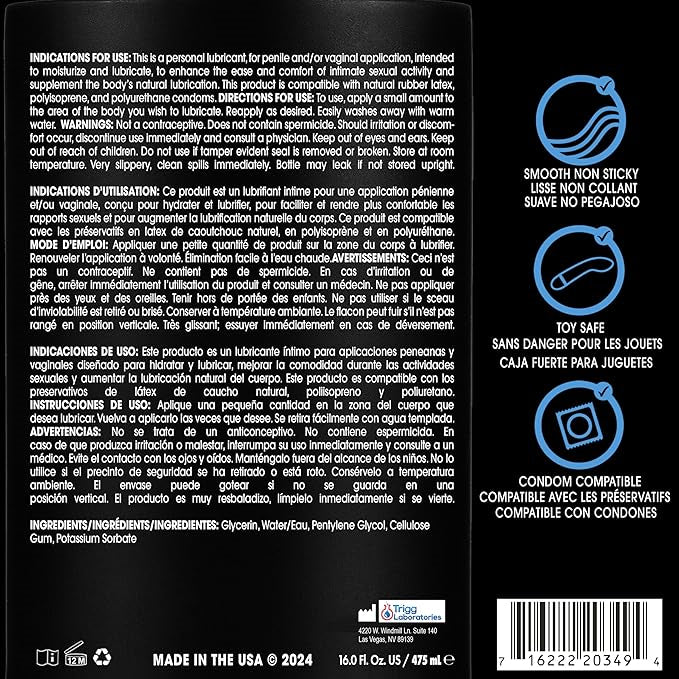 Wet Original Water Based Lubricant 16 Oz bottle back label with usage instructions and ingredients list.