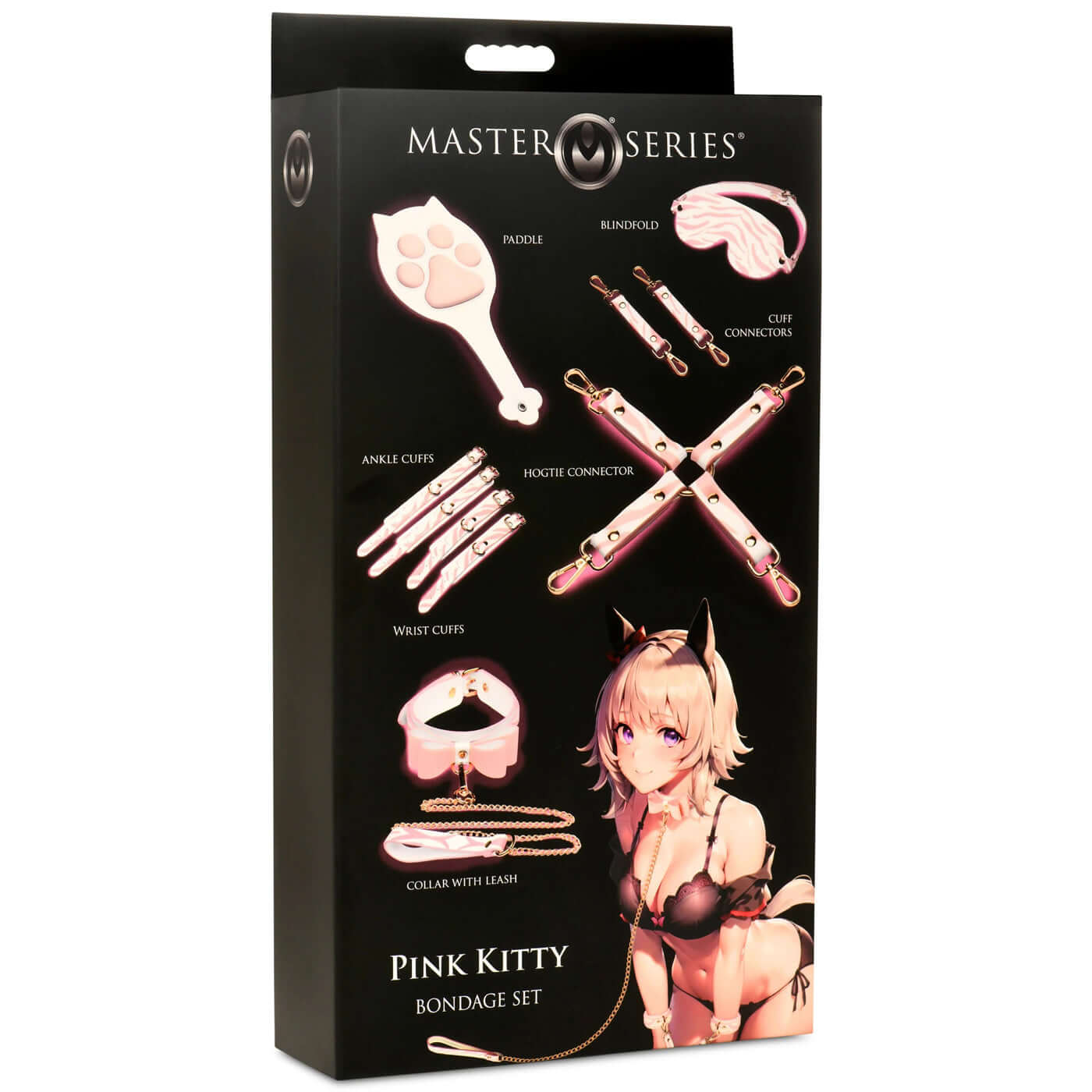 Box packaging for Pink Kitty Bondage Set featuring vegan leather wrist and ankle cuffs, kitty collar, blindfold, paddle, and hogtie connector.