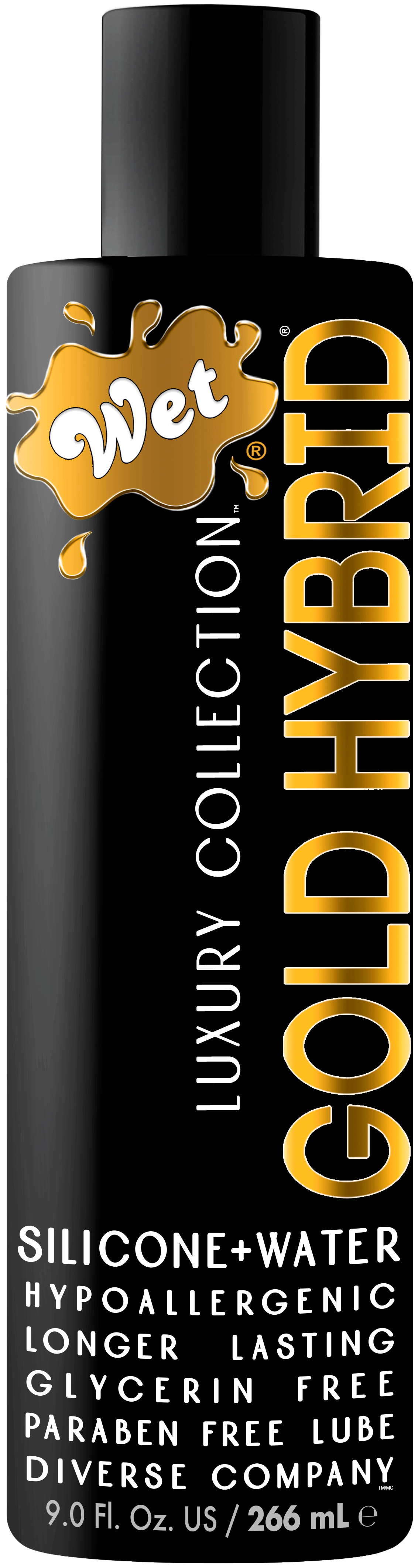 Wet Gold Hybrid Water Silicone Lubricant 9 Oz bottle showcasing its luxury formula and unique hybrid blend.