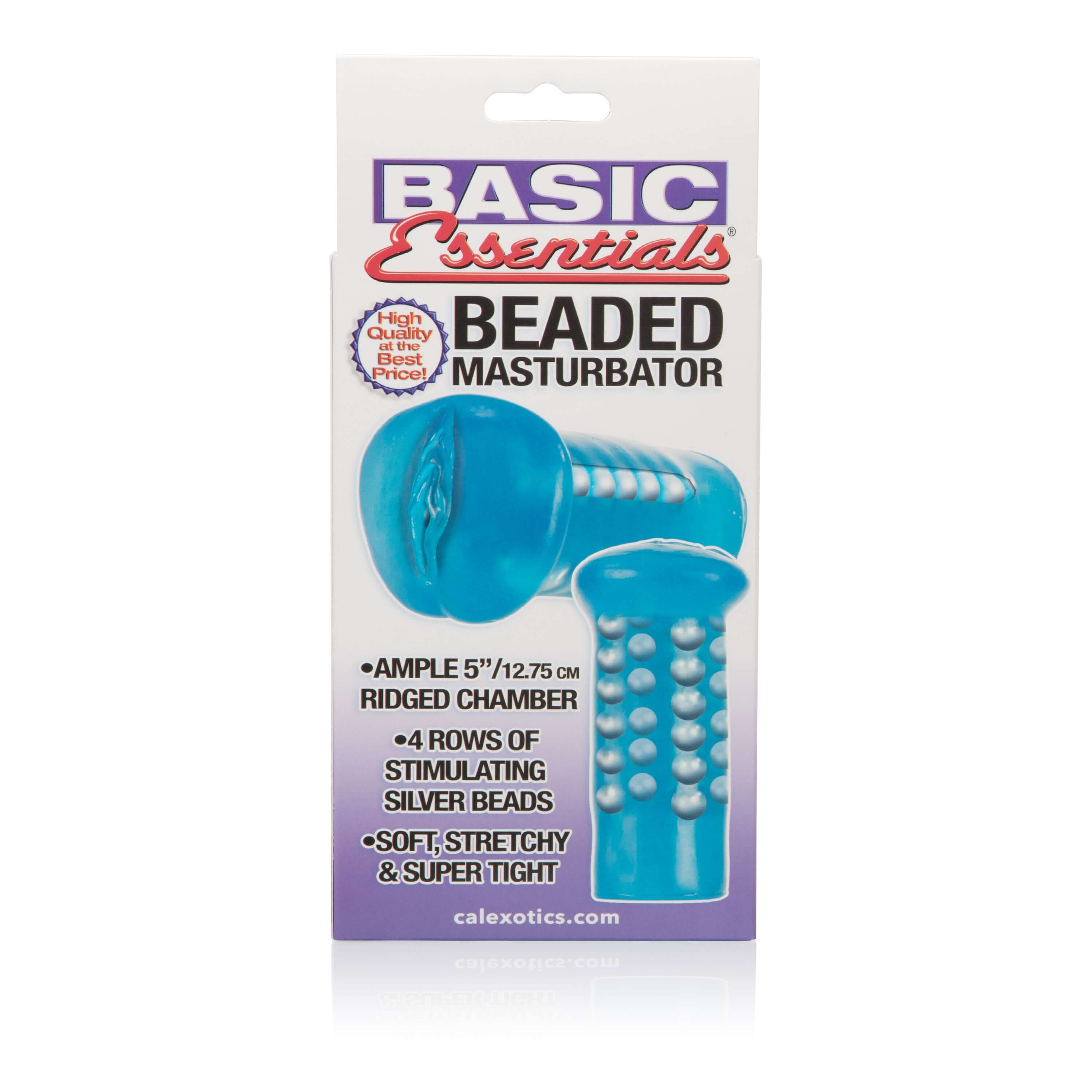 Beaded Masturbator Blue Basic Essentials packaging with text describing its features and texture.