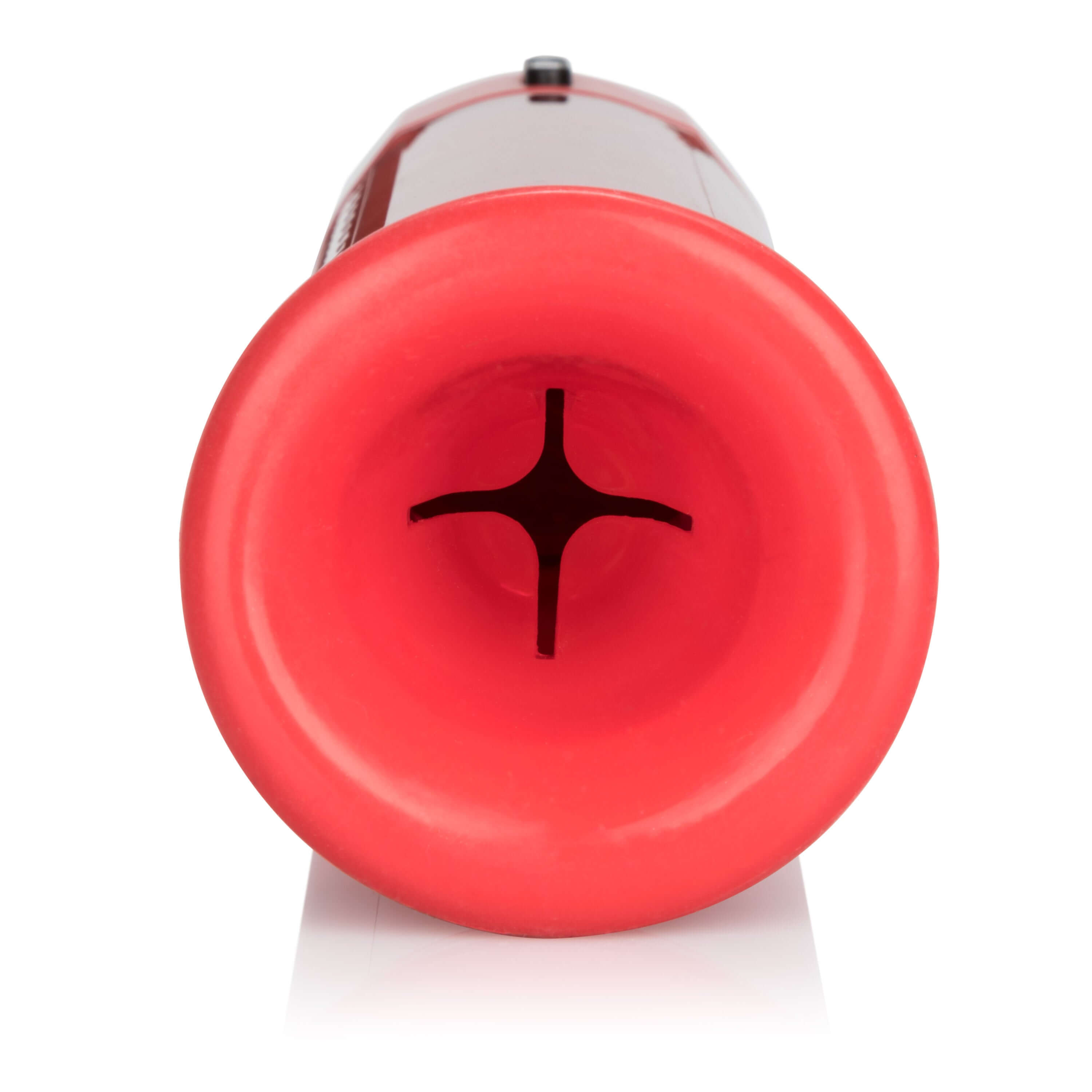 Close-up view of the Advanced Firemans Penis Pump Red's opening, highlighting its design and functionality.