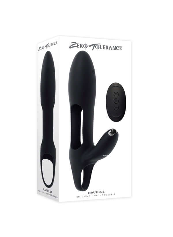Zero Tolerance Nautilus Rechargeable Silicone Dual Cock Ring in black packaging with control buttons.