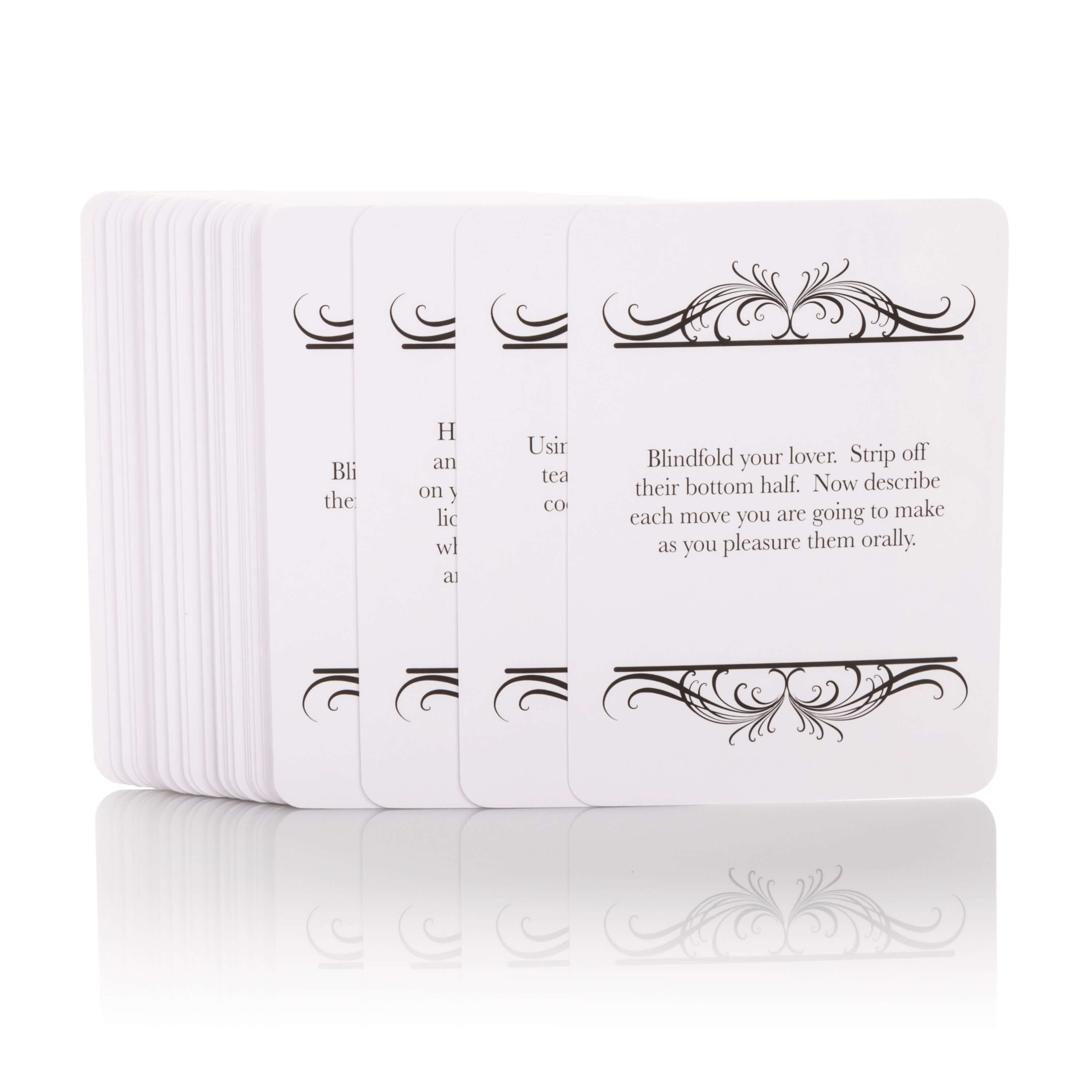 Fifty Ways to Tease Your Lover game cards with playful challenges for couples to explore sensual activities.