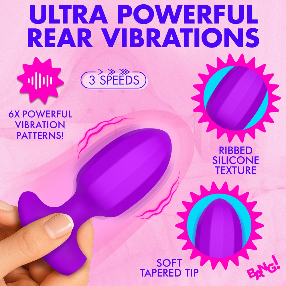 Bang Ribbed Vibrating Silicone Butt Plug Purple with ribbed texture and powerful rear vibrations features.
